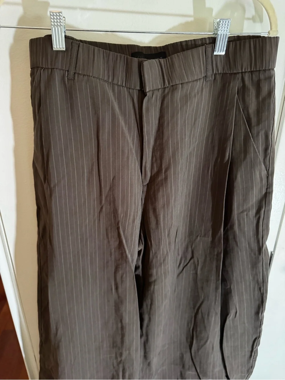 ZARA Pleated Flowy Pinstripe Pants in Brown NWOT - Picture 6 of 7